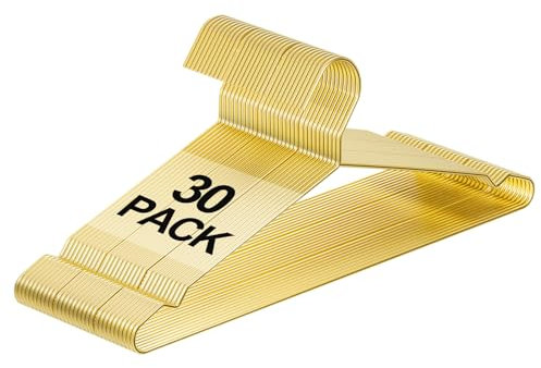 Confezione da 30 grucce in metallo dorato con tacche per cappotti, camicie, abiti, pantaloni, vestiti, durevoli, resistenti, salvaspazio