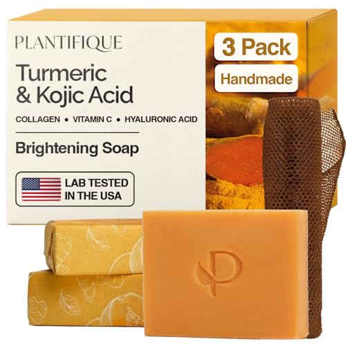 PLANTIFIQUE Kojic Acid & Turmeric Soap Lab Tested – 3 Bars with African Net – Exfoliating Face Wash for Dark Spots, with Vitamin C, Hyaluronic Acid & Collagen – Radiant Skin, 240 g