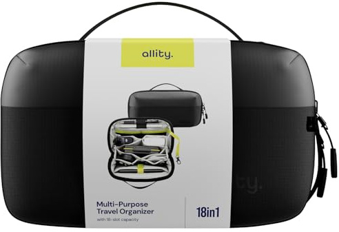 Allity Organiseur de Voyage Universel ATB-100 – Pochette de Rangement 2,4L avec 18 Compartiments pour Accessoires, Câbles, Cosmétiques et Électronique, Sac Organisateur Étanche et Compact Noir