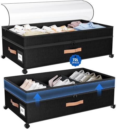 Mqaue Under Bed Storage with Wheels, 72L XXL Under the Bed Storage Containers Large, 10‘’ Tall Adjustable Storage for Underbed with Lids, Rolling for Shoes, Clothes, Blankets, Black
