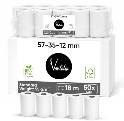 Ventalia - Pack de 50 Rouleaux CB/Bobine TPE 57x35x12 mm (18 m) – Papier Thermique Sans BPA – Compatibles Ingenico, Verifone, SumUp, PAX, Nexgo, myPOS – Impression Claire et Durable