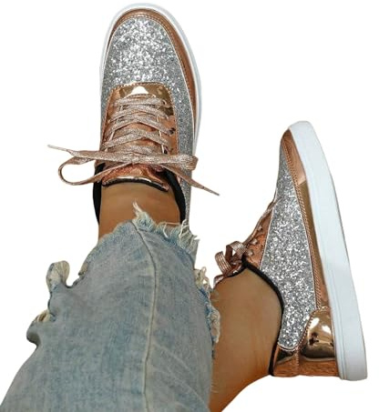 Nuqqichongtian Sneaker con glitter da donna, scarpe da corsa, scarpe da tennis, comode scarpe da ginnastica con strass, scarpe da ginnastica leggere, con paillettes metalliche, traspiranti, con lacci