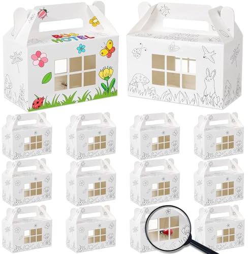 12 Bug Hotels with 6 Magnifiers Color Your Own Cardboard Insect Box Bugs Catchers Critters Collection Insect Gable Box Container with Window for Spring Activity Bug Party Favor School Garden Crafts