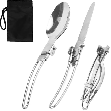 Set di posate da campeggio in acciaio inossidabile composto da 3 pezzi con custodia con cordoncino, comprendente coltello pieghevole, forchetta e cucchiaio combinati. Ideale per escursioni, attività a