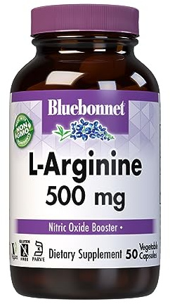 Bluebonnet Nutrition L-Arginine 500mg, Free-Form Amino Acid, Nitric Oxide Precursor, Soy-Free, Gluten-Free, Non-GMO, Kosher Certified, 50 Vegetable Capsules, 50 Servings