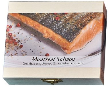 Montreal Salmon – 8 Gewürze Set für kanadischen Lachs (57g) – in einem schönen Holzkästchen – mit Rezept und Einkaufsliste – Geschenkidee für Feinschmecker von Feuer & Glas