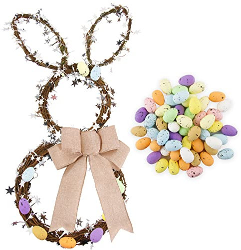 Décorations Pâques Couronne Guirlande Lapin Cercle de Rotin Pendentif Happy Easter avec 50Pcs Oeufs Mousse de Pâques 3CM Artisanales Multicolores et 7,5M Etoiles Bannière Ligne Métallique Brillant DIY