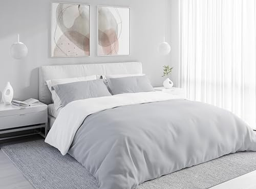 Wolkenfeld Bettwäsche 155x220 4teilig - Zweifarbig Grau Weiß - kuschelig weiches Bettwäsche Set aus Mikrofaser - nahezu bügelfrei - 2X Bettbezug 155x220 + 2X Kissenbezug 80x80 - Reißverschluss