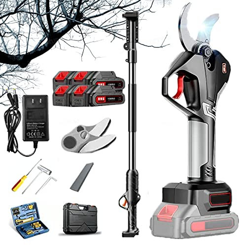 Tijeras de Podar Profesionales Sin Cable de 50mm Tijera Eléctricas con Pértiga de Extensión, 2 Baterías y 1 Cargador Incluidos, Tijeras de Podar Profesional LCD, para Jardinería Viñedos Frutales