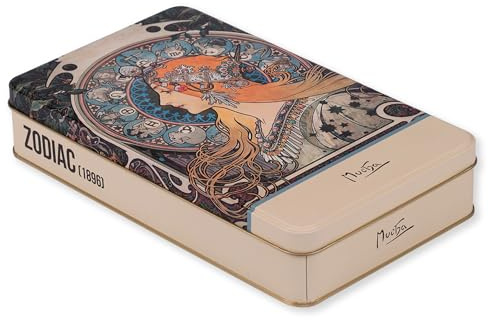 NOTIQUE Lata de metal con tapa, caja de lata de arte nostálgico, caja de galletas, lata de almacenamiento para objetos pequeños, colección Herbario (Alfons Mucha - Zodiac)
