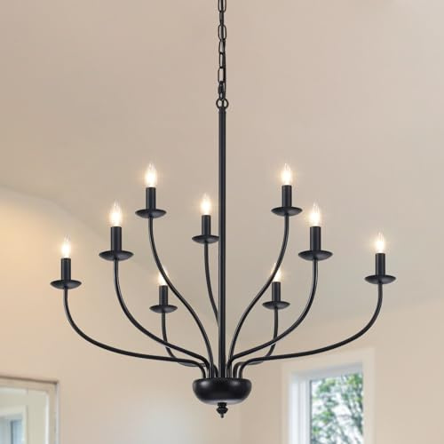 QAREHL Lampara Araña Techo Negro 9 Luces Grande Lámparas Rusticas de Techo, E14 Lampara Vintage para Salon, Comedor, Cocina, Dormitorio