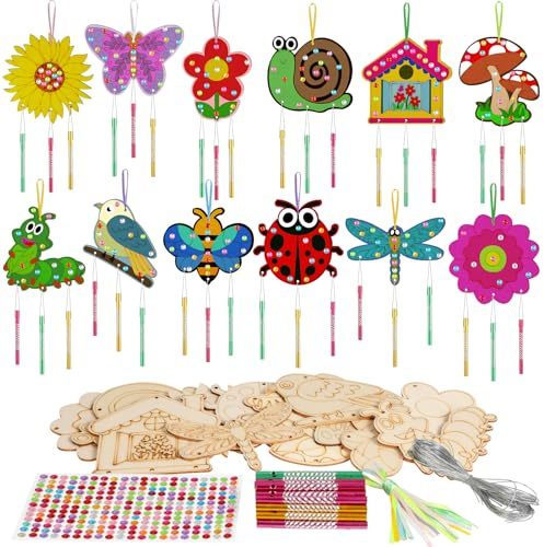 SRIZIAN 12 Pack Spring Wind Chime Kit for Kids, Make Your Own Insect Animal Flower Birdhouse Wind Chime Kit DIY Coloring Wooden Craft for Girls Birthday Wood Ornaments