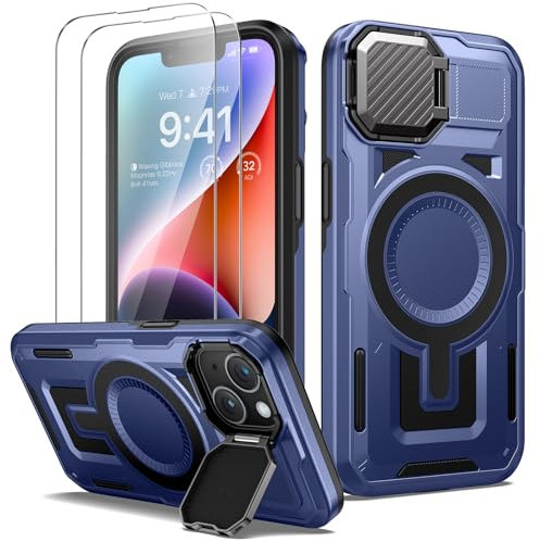 Lanhiem Coque pour iPhone 13/ iPhone 14 avec 2 Verre Trempé, Antichoc Étui Militaire Protection, Caméra Support Magnétique Robuste Outdoor Renforcée Armure Case iPhone 13/ iPhone 14 Housse, Bleu