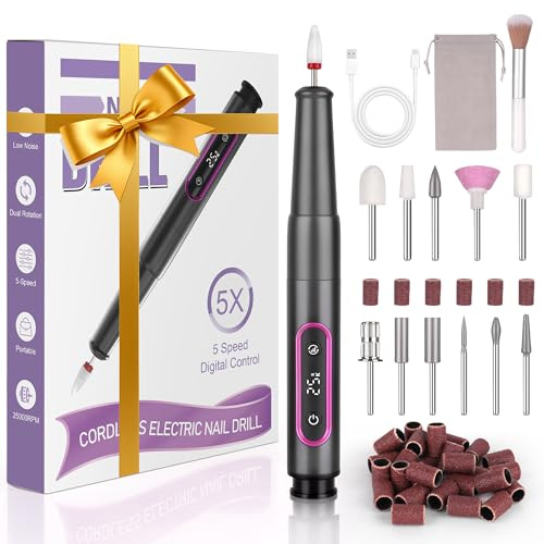 Fresa de uñas para uñas de gel inalámbrica, 12 en 1, fresadora de uñas eléctrica portátil, 25000 rpm, velocidad ajustable para uñas de gel, taladro profesional para gel, manicura profesional y