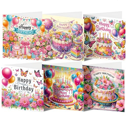 CAYUDEN Diamond Painting Karten Set, 6 Stück Kuchen Geburtstag Diamant Malerei Karten, DIY Handgemachtes Diamond Painting Grußkarte mit Umschlag Set, 5D Diamant Malerei Grußkarte für Freunde, Familie