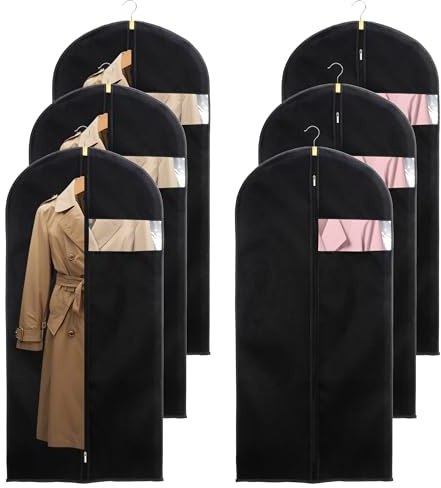6 Pcs Portatrajes Colgantes No Tejidas 60 x 140 cm, Funda Ropa Reutilizable Negra Reutilizables Antipolvo Con Ventana y Cremallera Para Camisas, Trajes, Chaquetas y Vestidos
