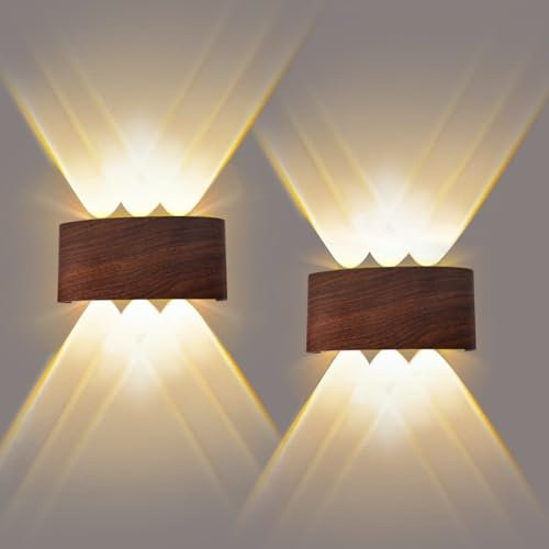 JaneYi Appliques Murales LED Up Down 2 Pièces 6W 3000K Blanc Chaud IP65 Étanche Alliage d'Aluminium avec Finition Bois Luminaire Éclairage Mural Intérieur Extérieur pour Chambre Salon Balcon Couloir