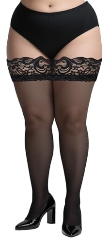 Ehuixinsheng Plus Size Thigh High Stockings,Sexy Stay up Semi Sheer Black Lace Thigh Highs for Women,3XL Plus Size Thigh High Stockings for Extra Thick Thighs for Valentine's Day Halloween Decor