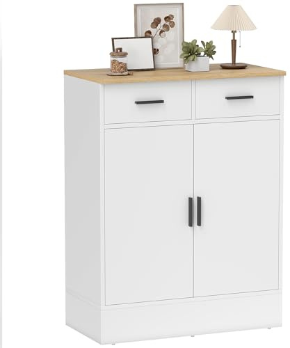 HOMCOM Buffet, Meuble de Rangement avec 2 Portes, 2 tiroirs et étagère réglable, Style Moderne, Buffet Salle à Manger, Cuisine et Salon, 68,6 x 35 x 90,3 cm, Effet Bois Naturel et Blanc
