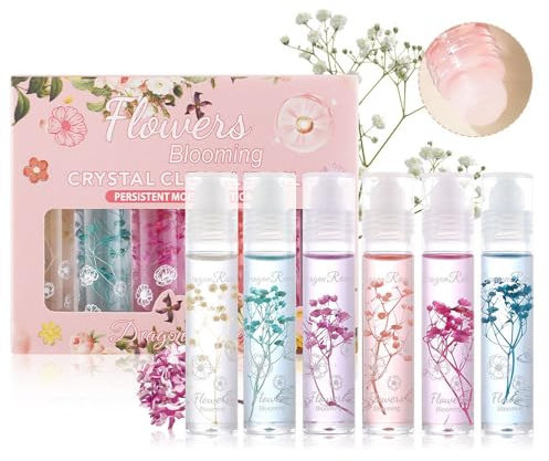 Gireatick Ensemble De 6 Gloss à Lèvres Roll-On, Huile à Lèvres Hydratante à Brillance Claire, Infusée De Fleurs Réelles, Rouge à Lèvres Transparent Brillant Pour Femmes Et Adolescentes
