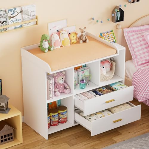 MSFE Wickelkommode Wickeltisch Baby Wickelkommode aus Holz mit abnehmbarem Wickelaufsatz, 2 Schubladen und 3 Regalfächern, Changing Table 94.7x 40x81.2cm, Weiß