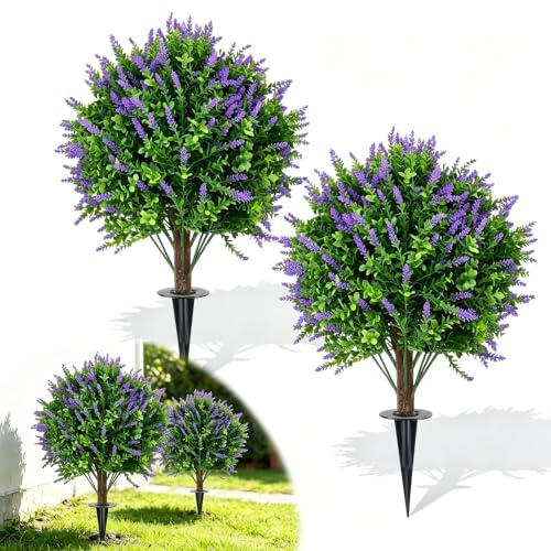 24in Artificial Boxwood Topiary Balls Set of 2, Topiary Tree with Ground Spike, UV Resistant Realistic Lavender Plants, Floral Greenery Lavender Plants for Porch, Garden, Yard
