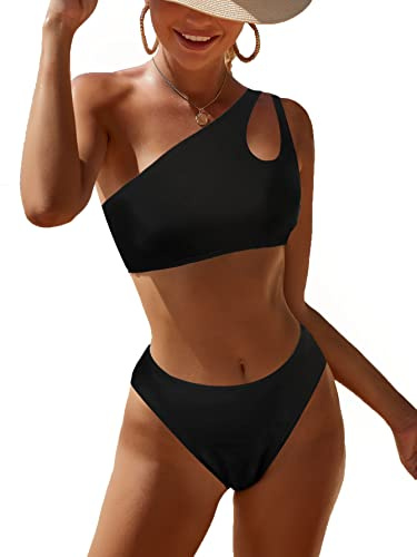 JFAN Maillot de Bain Femme 2 Pieces Bikini Push-Up Ensemble Une épaule évider Maillots de Bain Deux PièCes Taille Haute,Noir-M