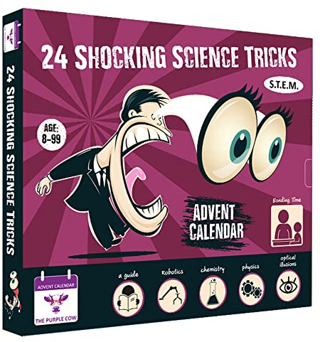 2024 adventskalender stötande vetenskap av The Purple Cow. 24 Jaw-dropping Science Tricks för barn från 8 år och äldre. Den perfekta S.T.E.M-presenten!