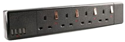 USB Extension Socket 4 Gang with Switches Quick Charge USB output 4800mA - Black & Copper