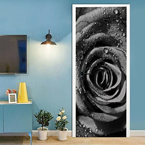 A.Monamour Türtapete Selbstklebend Türfolie Türposter 3D Schwarz Graue Rose Mit Wassertropfen Vinyl Folie Türdeko Tapete Wandbild Türaufkleber Türtattoo 85 x 200 cm