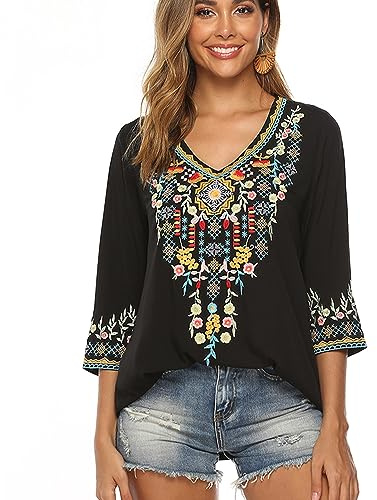 drakloak Camicetta Estiva Femminile Bohemian Ricamo Folklore Top Messico Ricamo Tunica Boho 3/4 Maniche Vintage Top(054 BK S)
