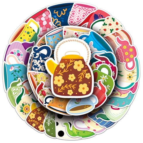 Teacup Stickers for Laptop (50 PCS),Gift for Children Teens Adults Girl Boys,Waterproof Stickers for Water Bottle,Teacup Vinyl Stickers for Scrapbook,Skateboard,Bike,Phone,Dairy