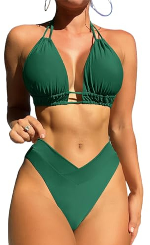 Bikinis Mujer Push Up Elegante Traje de baño de Mujer de Dos Piezas Push Up Halter Bikini Estampado Cuello de V Bañadores Sexy Bikini y Deportivo de Cintura