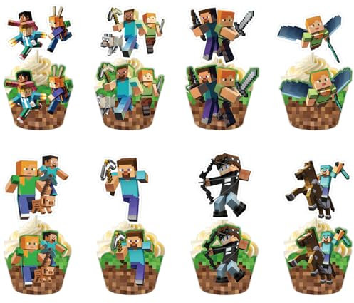 Lot de Miniers Cupcake Toppers, 24 Pièces Cupcake Wrappers de Jeu de Mineur de Pixels+ 24 Pièces Cake Topper pour Décorations De Fêtes Enfants Anniversaire Décor Favors
