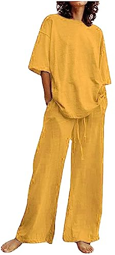 Traje de ocio para mujer largo – Traje de casa con hombros descubiertos y pantalones con pierna ancha, trajes de verano monocolor, conjunto ligero y aireado de playa, traje de media manga con cordón y