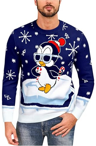 Demegimi Hommes Pulls de Noël Manche Longue Pull Imprimé Pingouins Sweat à Tricoté Drôle de Noël pour Hommes Molletonnés Imprimé Créatif Col Rond Pull Homme Manches Longues