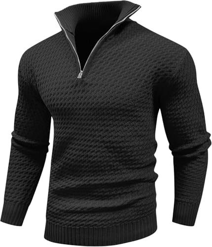Genfien Jersey Hombre de Punto Suéter de Canalé Cuello Alto | Cremallera de 1/4,Regular Fit ,Liso,Básico,Cálido,Invierno