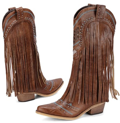 Shofrindy Fringe Cowboy Boots for Women Long Western Embroidered Tassal Brown Cowgirl Boot Knee High Snip Toe Pull On Cow Boy Tall Shoes Size 12