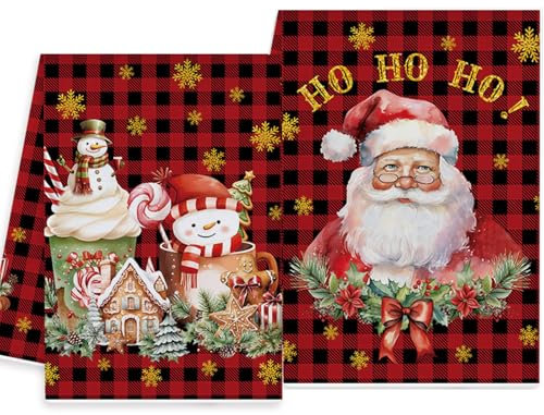 2 Stück Weihnachtsdeko Weihnachten Küchenhandtücher, Schwarz Rot kariert Weihnachtsmann Schneemann Geschirrtücher, Lustigen Badezimmer Dekor,Saisonale Weihnachtshandtuch Winter Weihnachts Tischdeko