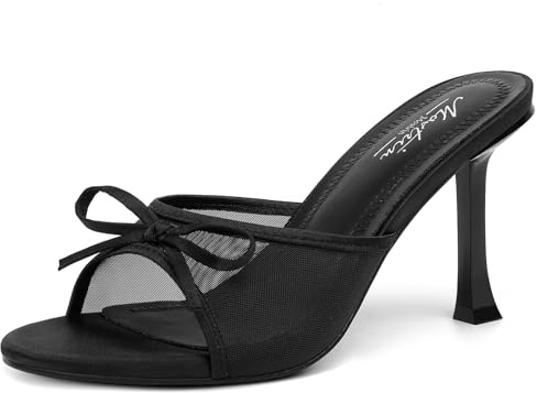 Mostrin Black Mesh Mules Heels with Bow Open Round Toe Stiletto High Heels for Women Dress Slip On Backless Heeled Sandals for Party Holiday Size 8