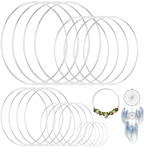20 Pezzi Anelli in Metallo, 4.5/10/15/18/20cm Cerchio Floreale in Metallo, Cerchi per Acchiappasogni, per la Produzione di Ghirlande, Acchiappasogni e Fai Da Te, Decorazioni per Feste(Argento)