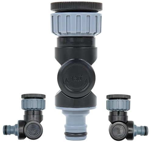 IBRIQO® Conector Flexible para Riego 3/4 y 1 | Adaptador Giratorio 90°-180° para Mangueras | Evita Dobleces, Fácil de Instalar, para Grifos Exteriores | Accesorio de Jardín Resistente y Ligero