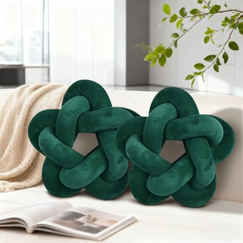 Wadser 2 Piece Knot Pillows, Green Throw Pillows Knotted Star Cushion Decorative Plush Pillow for Bedroom Living Room, Emerald Green 12.59