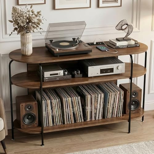Faesun Large Record Player Stand with Vinyl Record Storage & Power Outlets, Holds 200+ Albums, 3-Tier Turntable Stand for Living Room & Bedroom, Mid Century Round Shelf Design,Walnut