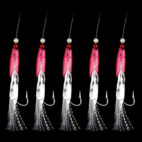 Serenophile 5-Pack for sabiki Rig Fishing Lures with 6 Hooks, Red White Foil Flash Beads, High-Carbon Steel for Mackerel Herring for deep sea Fishing Tackle