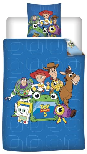 Toy Story 5 Enkelsäng Påslakan 140x200 + Örngott 65x65 Woody Buzz Jessie | Vändbart sängset | Polyester-bomull snabbtorkande | Bullseye Disney Pixar | 3-10 år | Present | Maskintvättbar