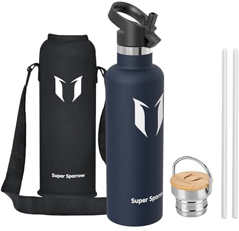Super Sparrow Botella Agua Acero Inoxidable - Botella Agua Niños - 1L - Botella Termica Boca Estándar - Sin BPA, para Niños & Adultos, Deporte, Oficina, Yoga, Ciclismo