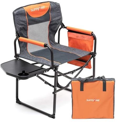 SUNNYFEEL Camping Director Chair, Portable Folding Chair with Side Table and Storage Pouches, Compact Heavy Duty for Adults Outdoor(Orange)