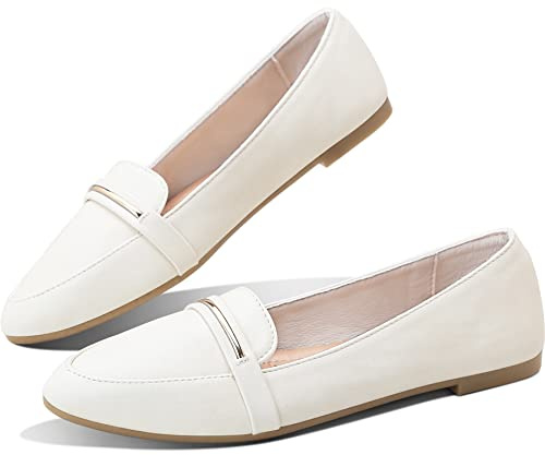 Obtaom Women's Faux Leather Ballet Flat,Comfortable Office Slip Ons,PU Working Loafer Flat(Beige US9)