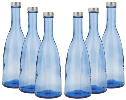 BrandPrint Set di 6 Bottiglie in Vetro Blu Modello VIOLA, 750 ml, Tappo a Vite colore Argento | Bottiglia Vetro Acqua Solarizzata
